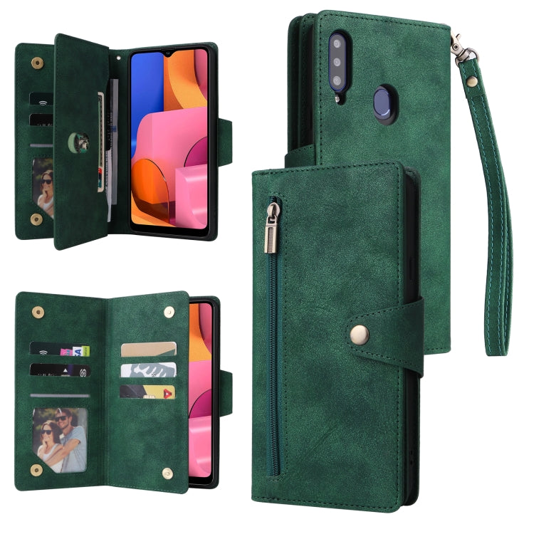 For Samsung Galaxy A20S Rivet Buckle 9 Cards Three Fold Leather Phone Case