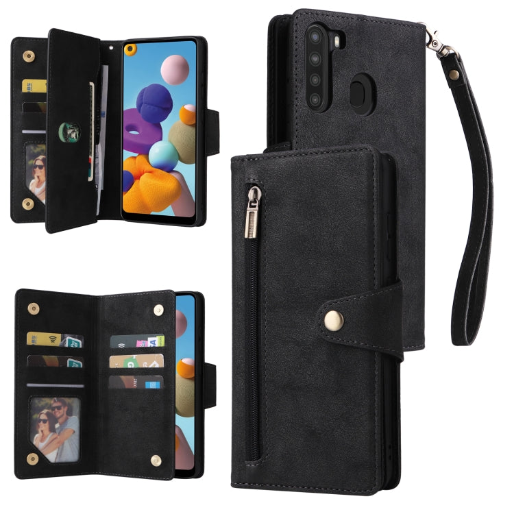 For Samsung Galaxy A21 EU Version Rivet Buckle 9 Cards Three Fold Leather Phone Case