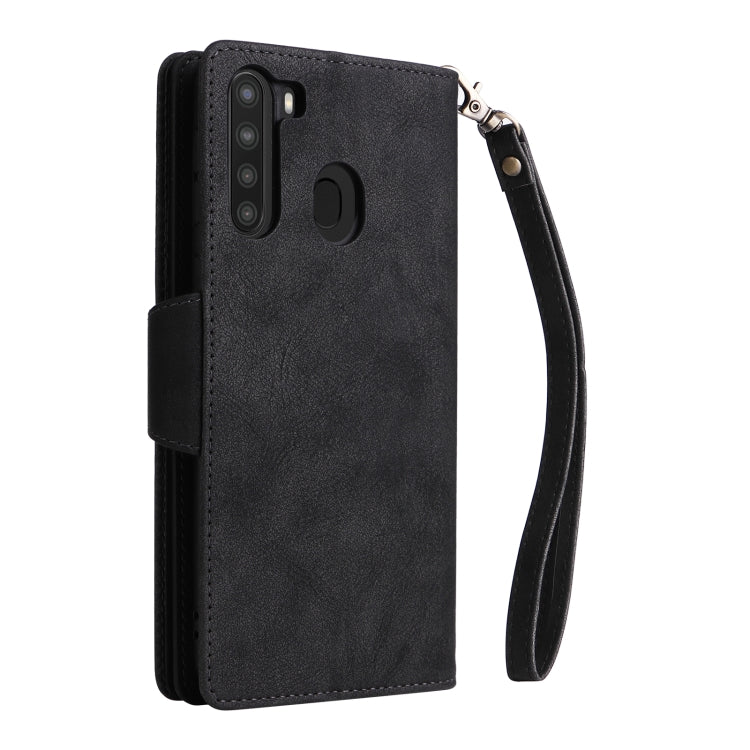 For Samsung Galaxy A21 EU Version Rivet Buckle 9 Cards Three Fold Leather Phone Case