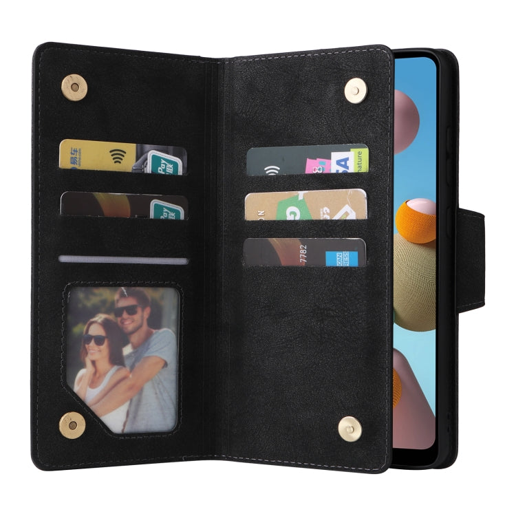 For Samsung Galaxy A21 EU Version Rivet Buckle 9 Cards Three Fold Leather Phone Case