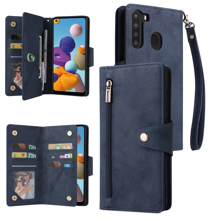 For Samsung Galaxy A21 EU Version Rivet Buckle 9 Cards Three Fold Leather Phone Case