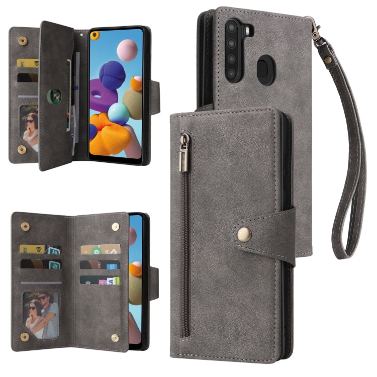 For Samsung Galaxy A21 EU Version Rivet Buckle 9 Cards Three Fold Leather Phone Case