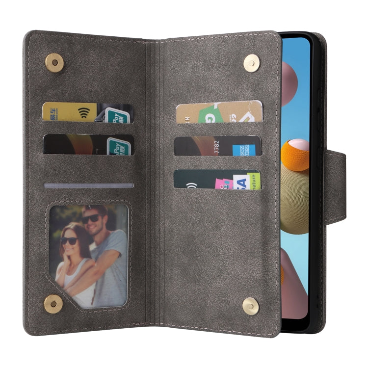 For Samsung Galaxy A21 EU Version Rivet Buckle 9 Cards Three Fold Leather Phone Case
