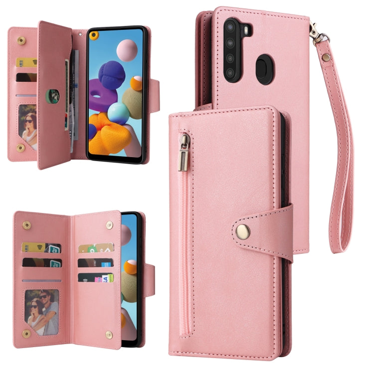 For Samsung Galaxy A21 EU Version Rivet Buckle 9 Cards Three Fold Leather Phone Case