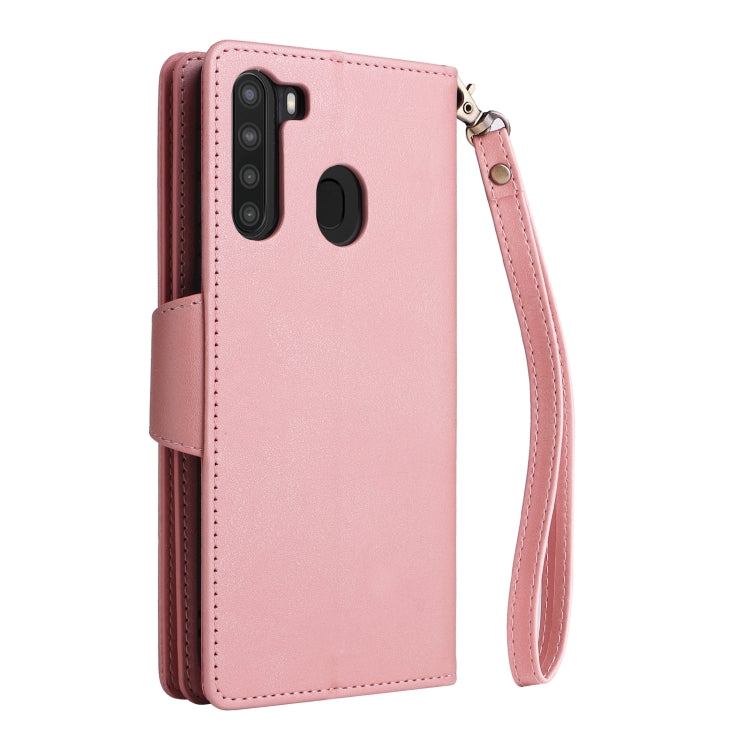 For Samsung Galaxy A21 EU Version Rivet Buckle 9 Cards Three Fold Leather Phone Case