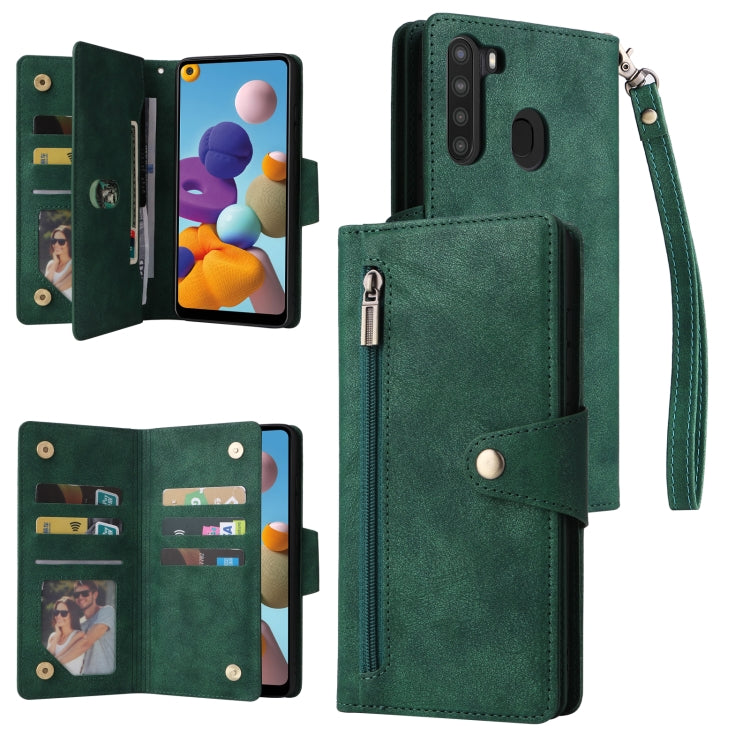 For Samsung Galaxy A21 EU Version Rivet Buckle 9 Cards Three Fold Leather Phone Case