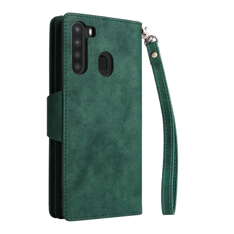 For Samsung Galaxy A21 EU Version Rivet Buckle 9 Cards Three Fold Leather Phone Case
