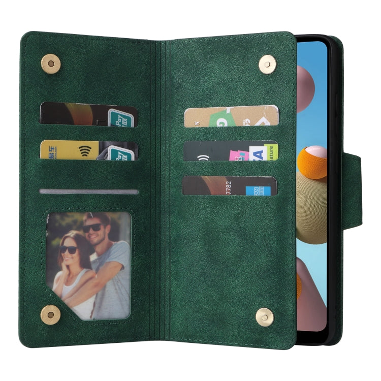 For Samsung Galaxy A21 EU Version Rivet Buckle 9 Cards Three Fold Leather Phone Case