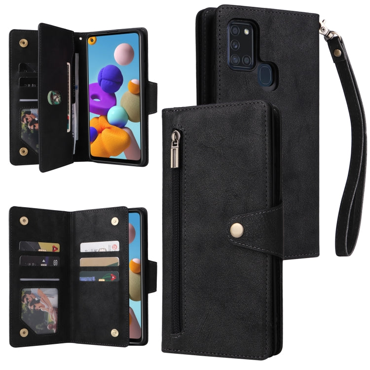 For Samsung Galaxy A21S Rivet Buckle 9 Cards Three Fold Leather Phone Case