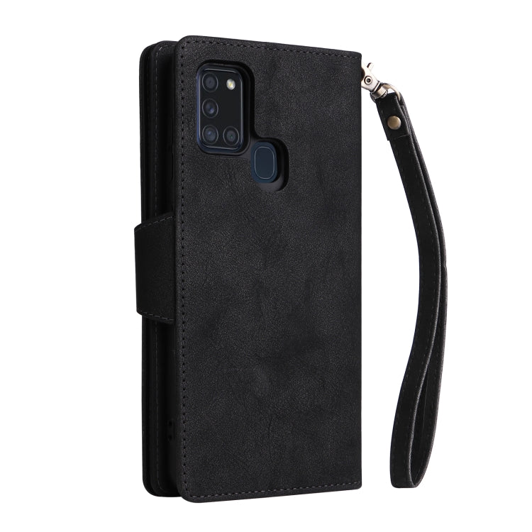 For Samsung Galaxy A21S Rivet Buckle 9 Cards Three Fold Leather Phone Case