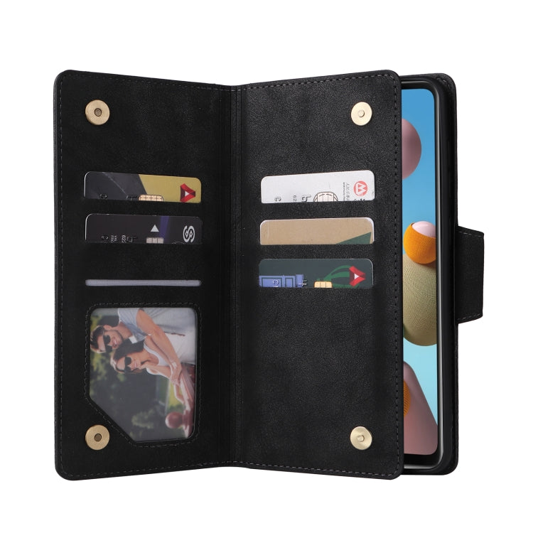 For Samsung Galaxy A21S Rivet Buckle 9 Cards Three Fold Leather Phone Case