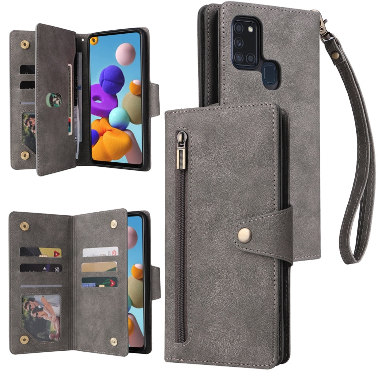 For Samsung Galaxy A21S Rivet Buckle 9 Cards Three Fold Leather Phone Case