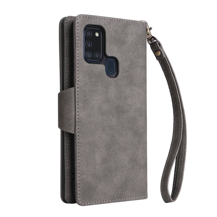 For Samsung Galaxy A21S Rivet Buckle 9 Cards Three Fold Leather Phone Case