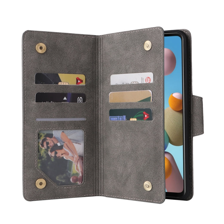 For Samsung Galaxy A21S Rivet Buckle 9 Cards Three Fold Leather Phone Case