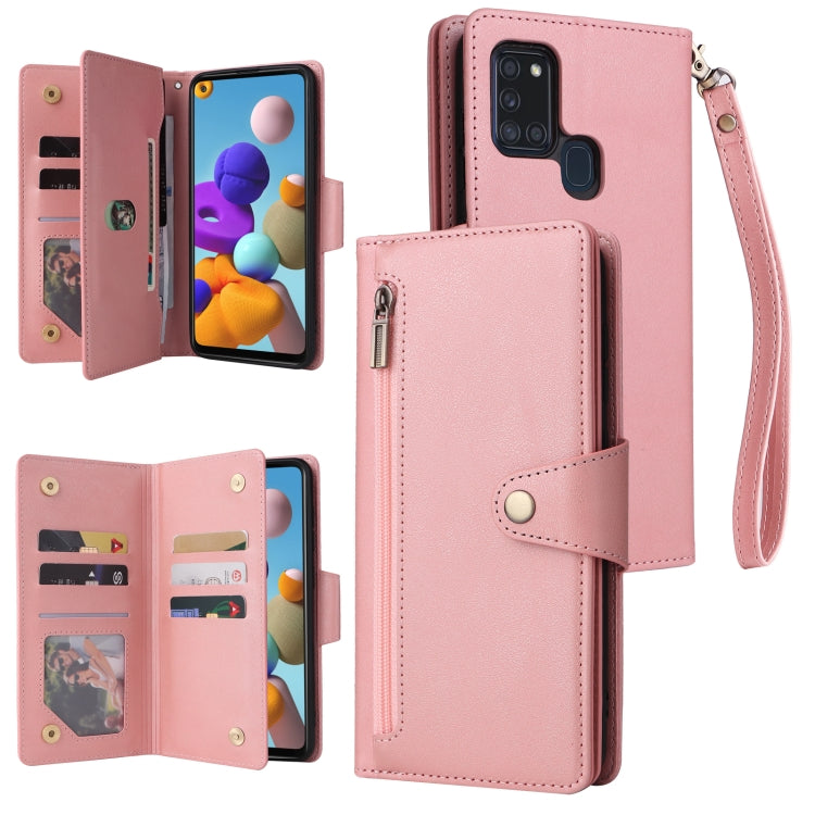 For Samsung Galaxy A21S Rivet Buckle 9 Cards Three Fold Leather Phone Case