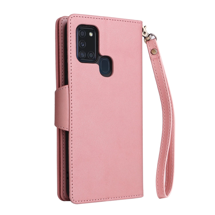 For Samsung Galaxy A21S Rivet Buckle 9 Cards Three Fold Leather Phone Case