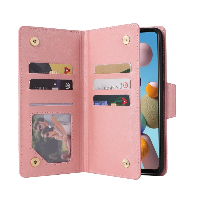 For Samsung Galaxy A21S Rivet Buckle 9 Cards Three Fold Leather Phone Case