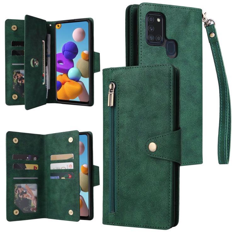 For Samsung Galaxy A21S Rivet Buckle 9 Cards Three Fold Leather Phone Case