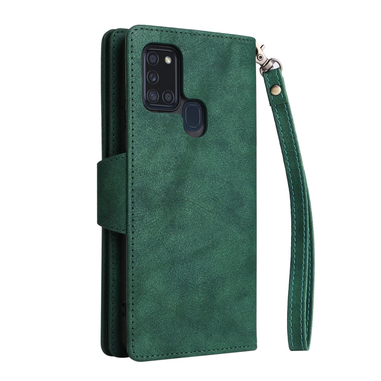 For Samsung Galaxy A21S Rivet Buckle 9 Cards Three Fold Leather Phone Case
