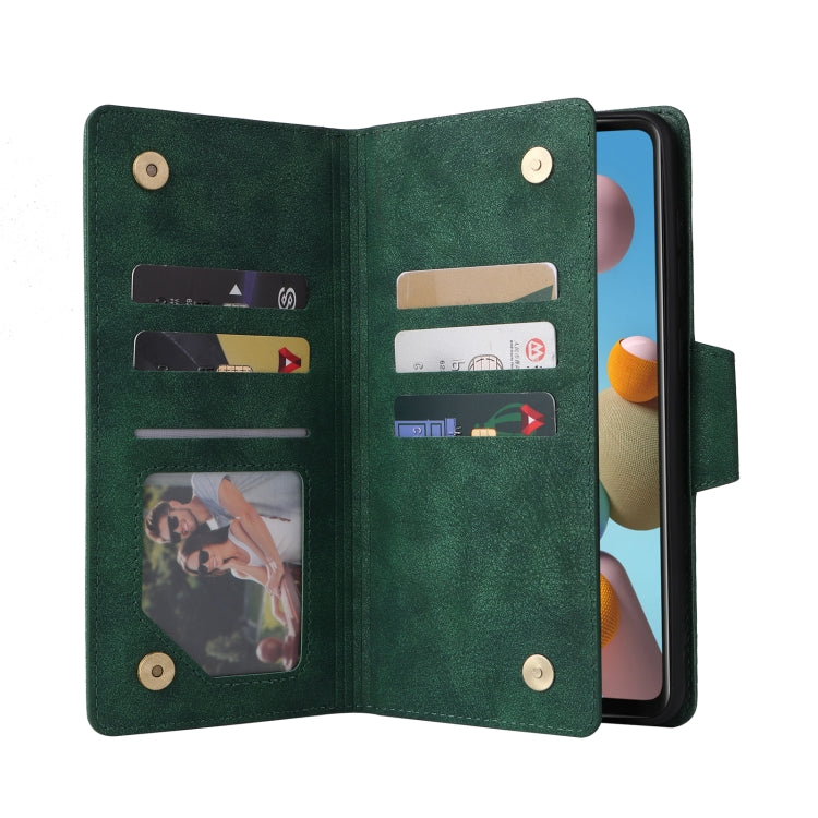 For Samsung Galaxy A21S Rivet Buckle 9 Cards Three Fold Leather Phone Case