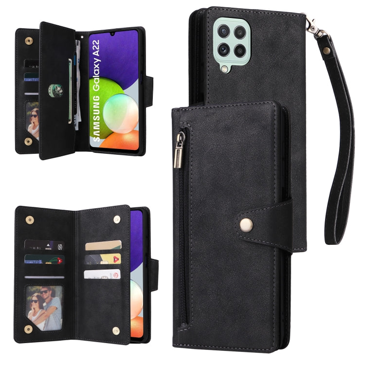 For Samsung Galaxy A22 4G Rivet Buckle 9 Cards Three Fold Leather Phone Case