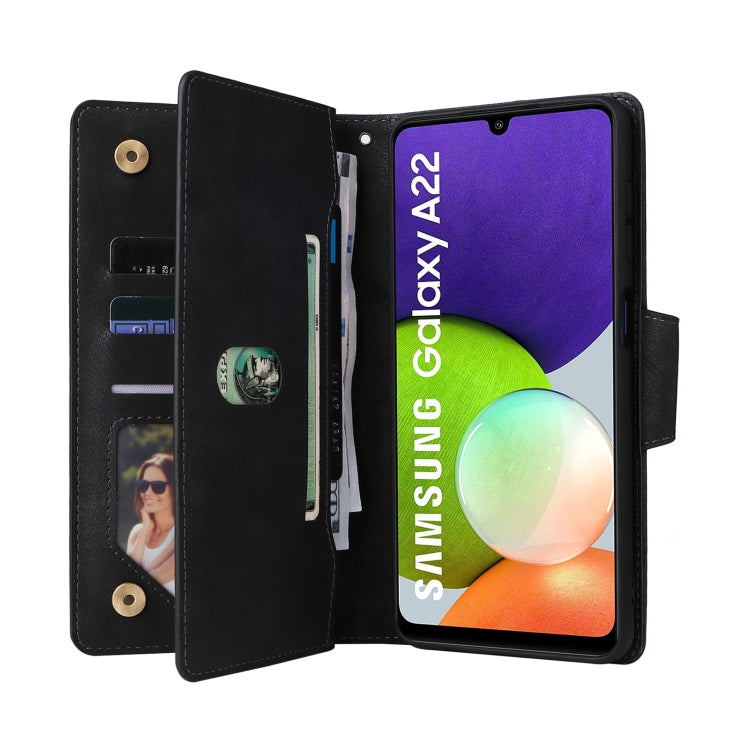 For Samsung Galaxy A22 4G Rivet Buckle 9 Cards Three Fold Leather Phone Case
