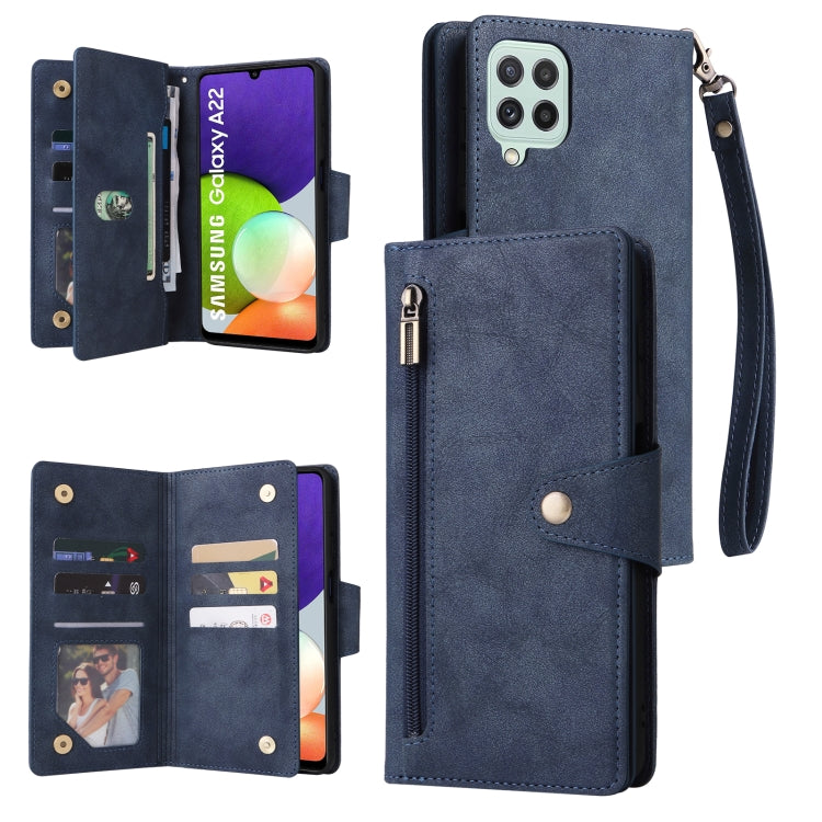 For Samsung Galaxy A22 4G Rivet Buckle 9 Cards Three Fold Leather Phone Case
