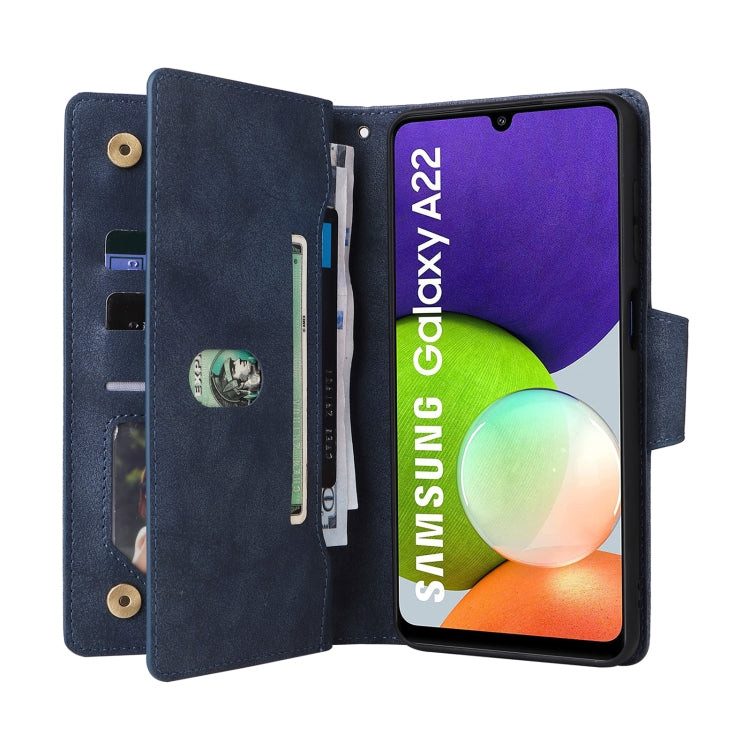 For Samsung Galaxy A22 4G Rivet Buckle 9 Cards Three Fold Leather Phone Case