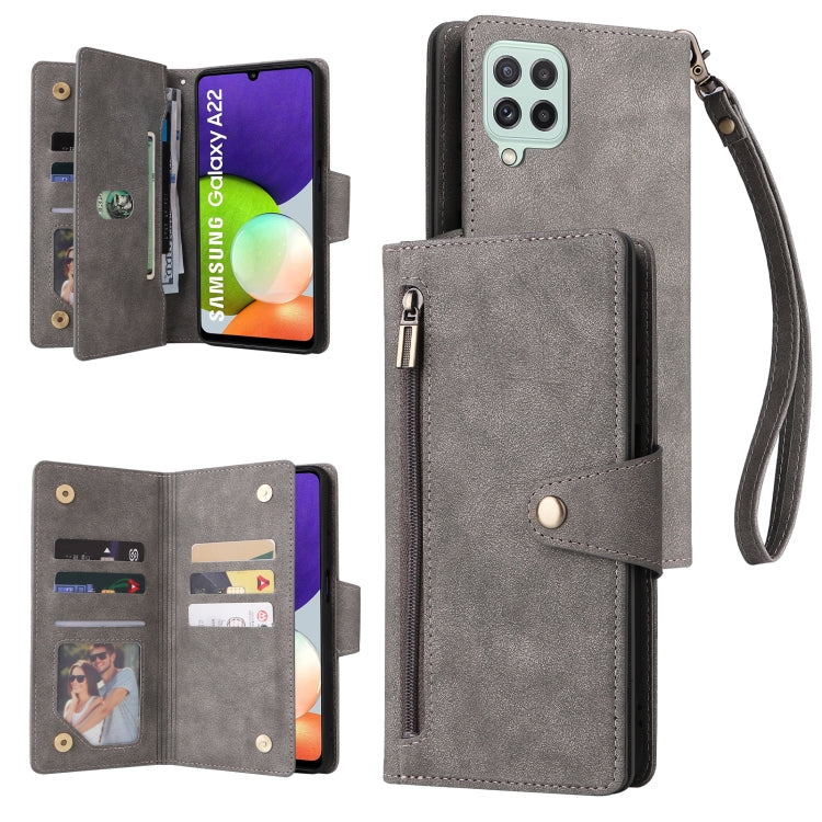For Samsung Galaxy A22 4G Rivet Buckle 9 Cards Three Fold Leather Phone Case