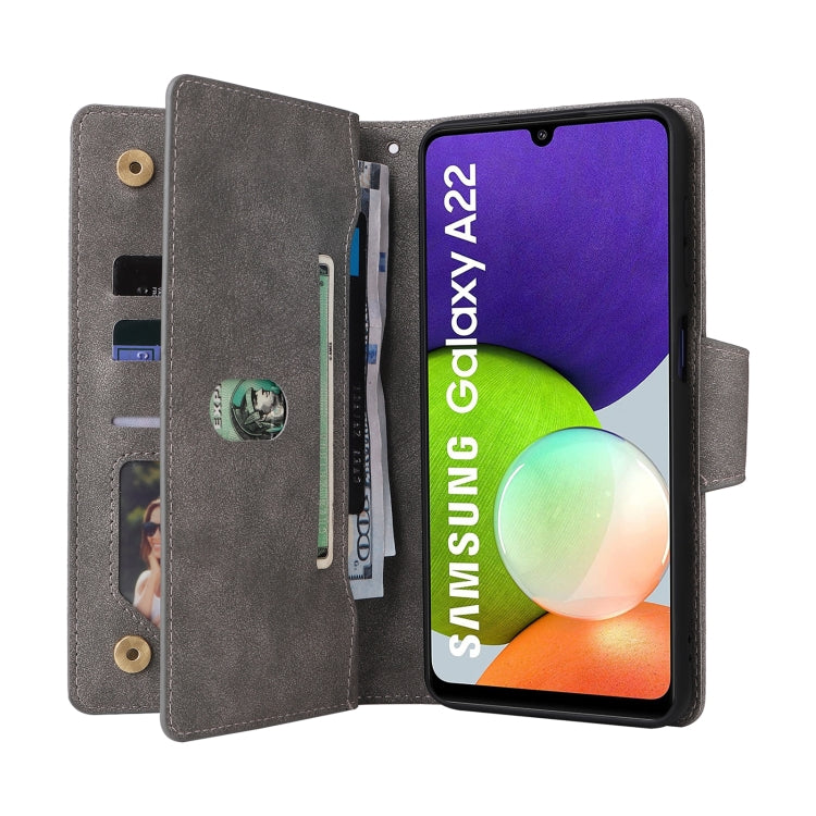 For Samsung Galaxy A22 4G Rivet Buckle 9 Cards Three Fold Leather Phone Case