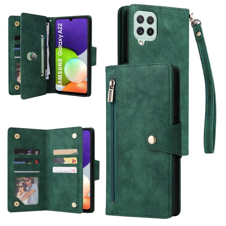 For Samsung Galaxy A22 4G Rivet Buckle 9 Cards Three Fold Leather Phone Case