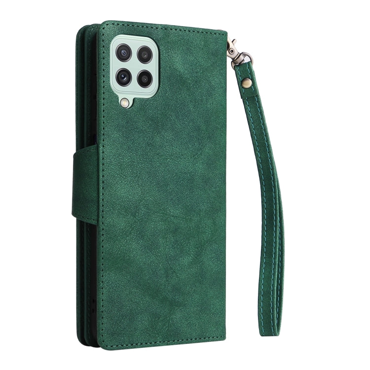 For Samsung Galaxy A22 4G Rivet Buckle 9 Cards Three Fold Leather Phone Case
