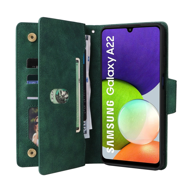 For Samsung Galaxy A22 4G Rivet Buckle 9 Cards Three Fold Leather Phone Case