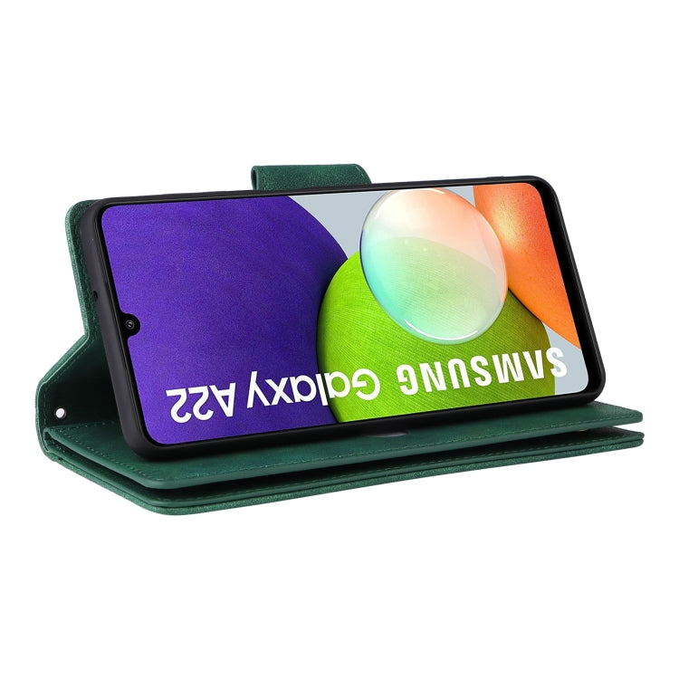 For Samsung Galaxy A22 4G Rivet Buckle 9 Cards Three Fold Leather Phone Case