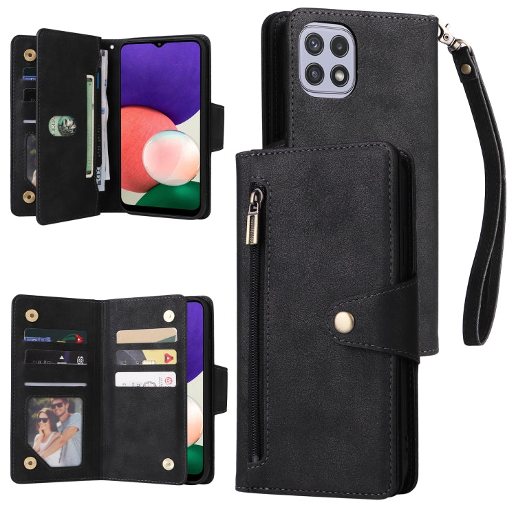 For Samsung Galaxy A22 5G Rivet Buckle 9 Cards Three Fold Leather Phone Case