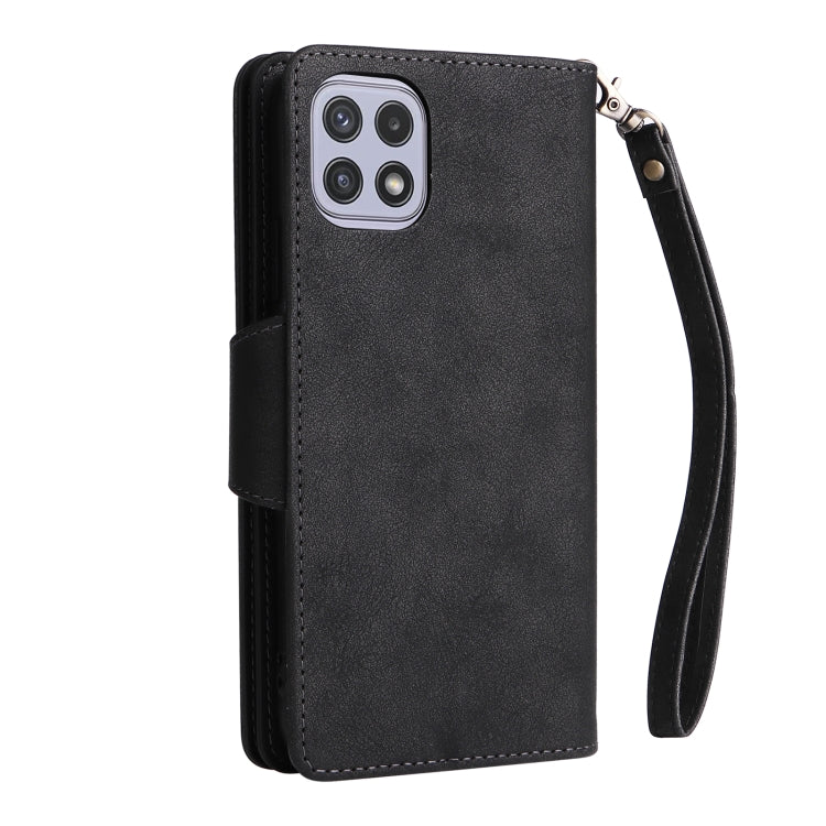 For Samsung Galaxy A22 5G Rivet Buckle 9 Cards Three Fold Leather Phone Case