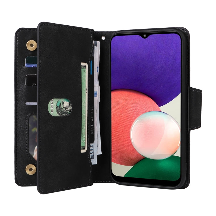 For Samsung Galaxy A22 5G Rivet Buckle 9 Cards Three Fold Leather Phone Case