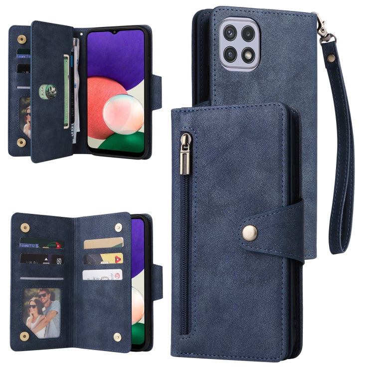 For Samsung Galaxy A22 5G Rivet Buckle 9 Cards Three Fold Leather Phone Case