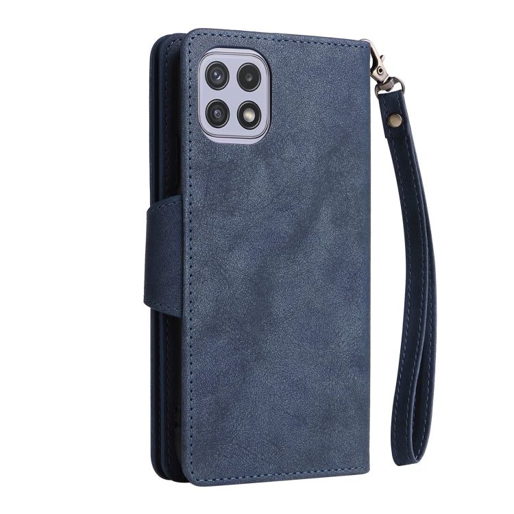 For Samsung Galaxy A22 5G Rivet Buckle 9 Cards Three Fold Leather Phone Case