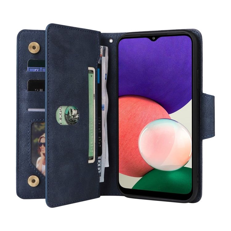 For Samsung Galaxy A22 5G Rivet Buckle 9 Cards Three Fold Leather Phone Case