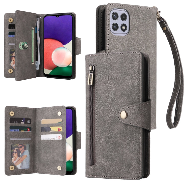 For Samsung Galaxy A22 5G Rivet Buckle 9 Cards Three Fold Leather Phone Case