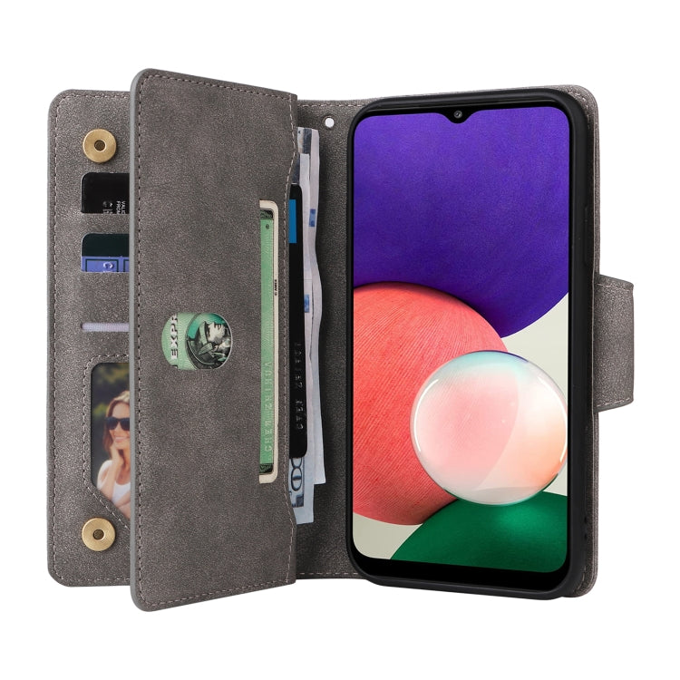 For Samsung Galaxy A22 5G Rivet Buckle 9 Cards Three Fold Leather Phone Case