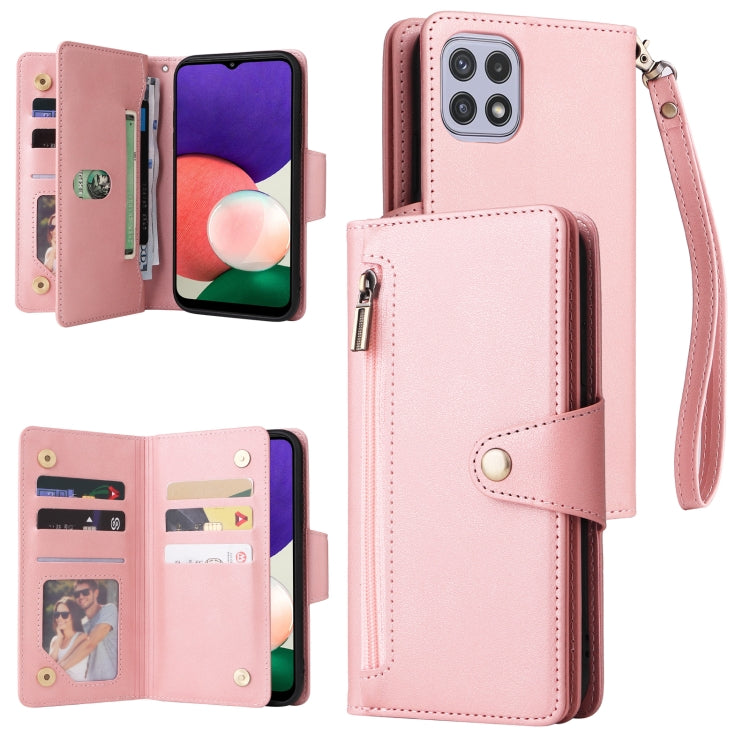 For Samsung Galaxy A22 5G Rivet Buckle 9 Cards Three Fold Leather Phone Case