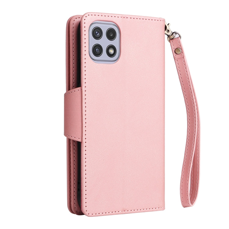 For Samsung Galaxy A22 5G Rivet Buckle 9 Cards Three Fold Leather Phone Case