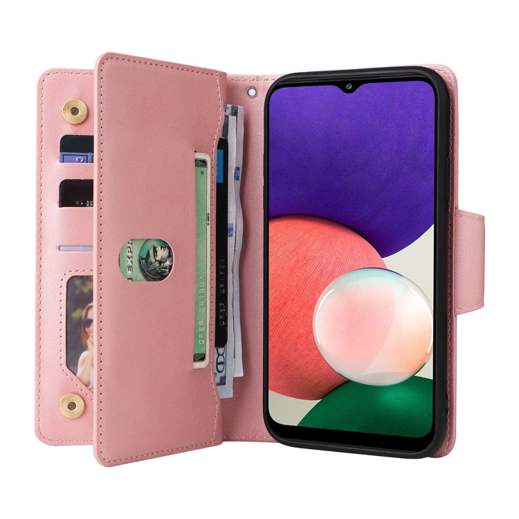 For Samsung Galaxy A22 5G Rivet Buckle 9 Cards Three Fold Leather Phone Case