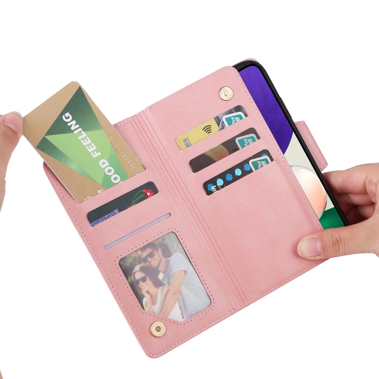 For Samsung Galaxy A22 5G Rivet Buckle 9 Cards Three Fold Leather Phone Case