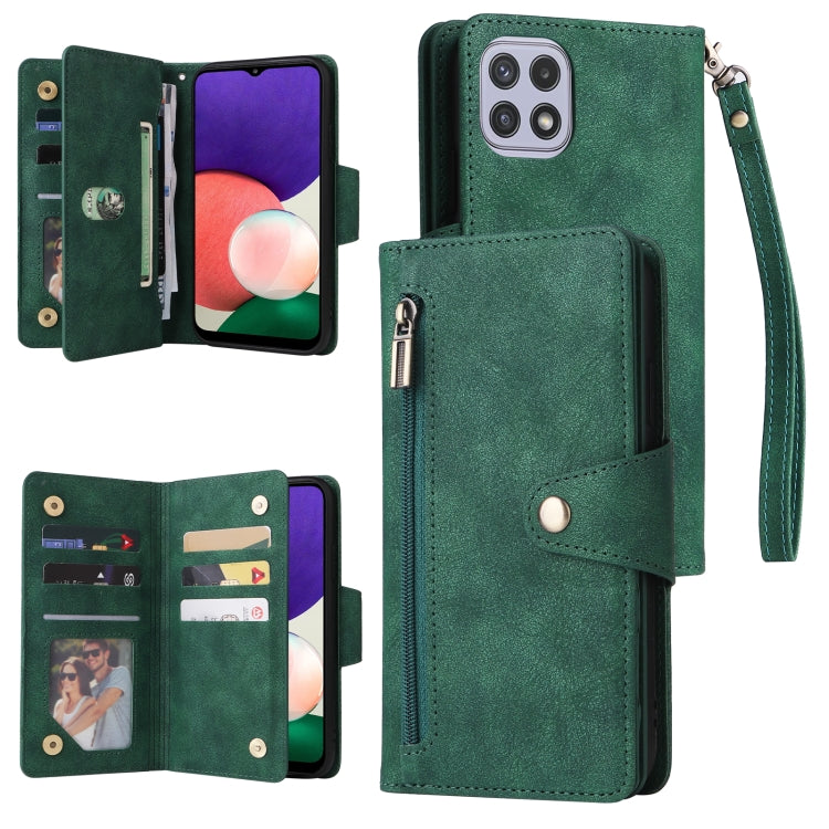 For Samsung Galaxy A22 5G Rivet Buckle 9 Cards Three Fold Leather Phone Case