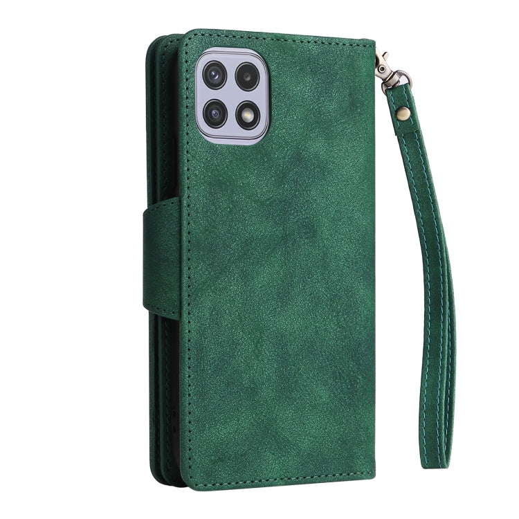 For Samsung Galaxy A22 5G Rivet Buckle 9 Cards Three Fold Leather Phone Case