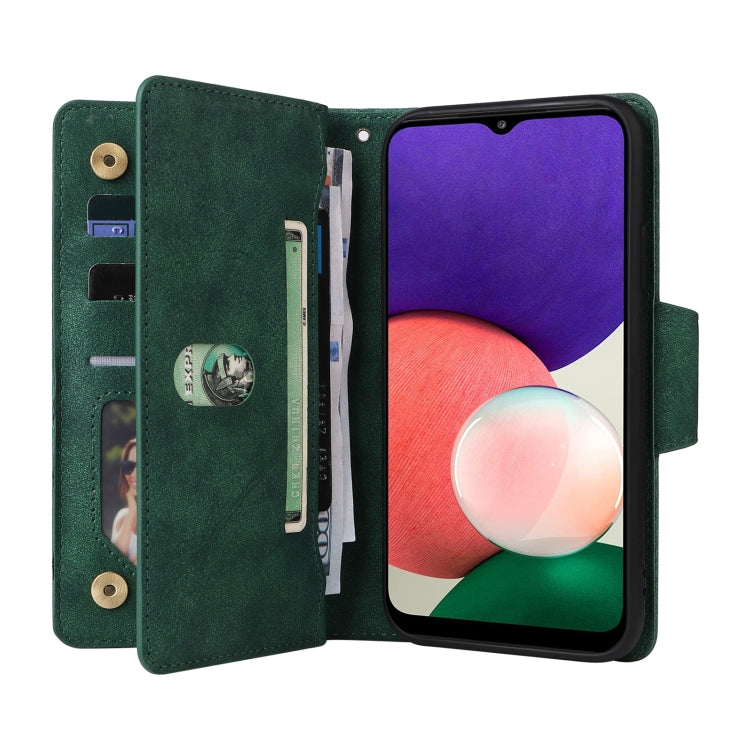 For Samsung Galaxy A22 5G Rivet Buckle 9 Cards Three Fold Leather Phone Case