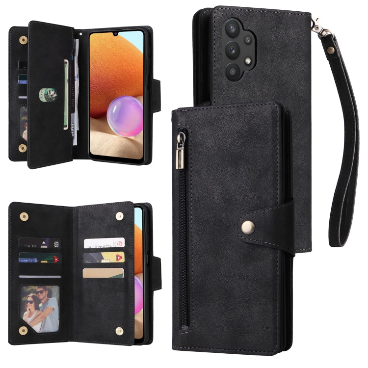 For Samsung Galaxy A32 4G Rivet Buckle 9 Cards Three Fold Leather Phone Case
